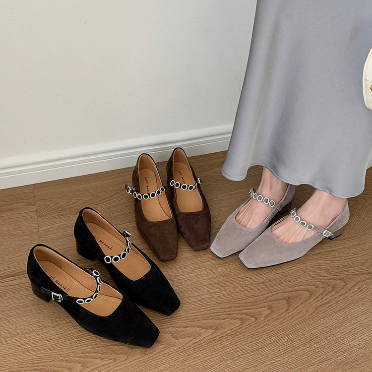Karin Luna In Stock Spot Goods  Vintage Full Leather Square Toe Rhinestone Strap Shallow Mouth Single Shoes