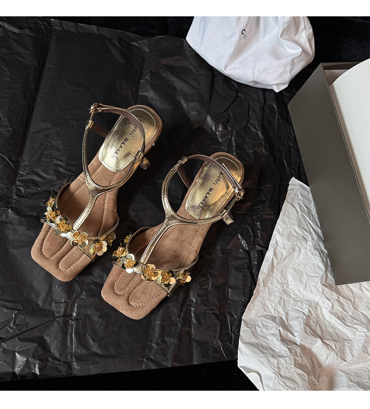 Karin Luna Hot-Selling Sequin Floral Series ~  Square Toe Irregular Heel Square Toe Sandals