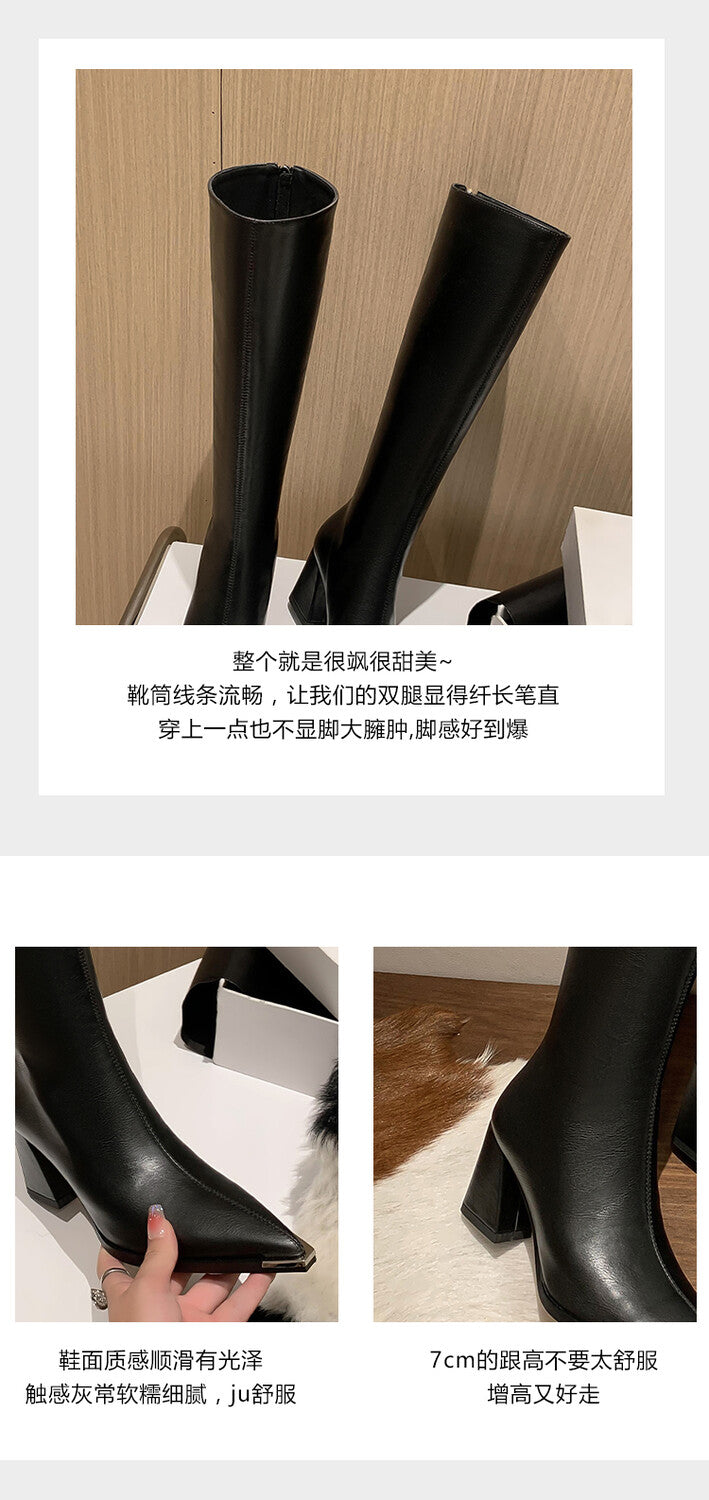 Karin Luna In Stock  In Stock Elegant Metal Pointed Toe Chunky Heel Full Cowhide Leather Riding Boots