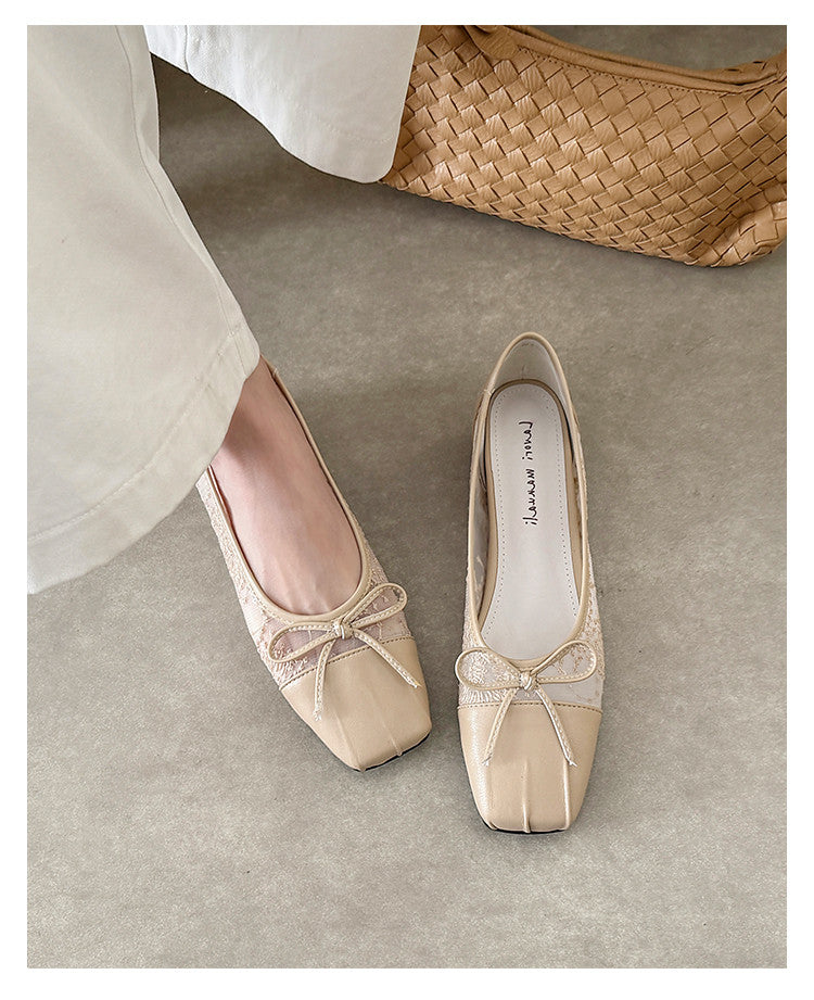 Karin Luna In Stock In Stock  Wrinkled Square Toe Patchwork Breathable Mesh Bow Granny Shoes