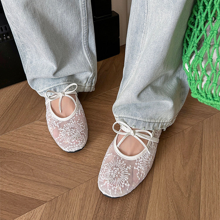 Karin Luna In Stock Spot Goods  Summer Breathable Retro Embroidered Bow Granny Shoes