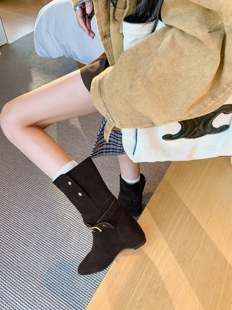 Karin Luna Foldable Belt Buckle Square Toe Hidden Wedge Short Boots