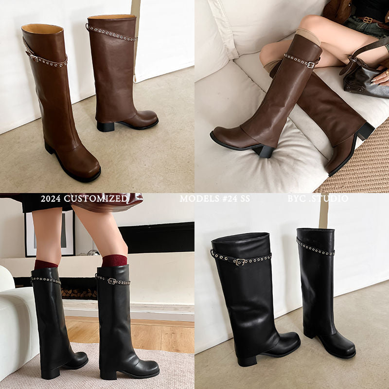 Karin Luna In Stock Spot Goods Belt Buckle Color-Washed Casual Thick-Soled Bootcut Pants Boots