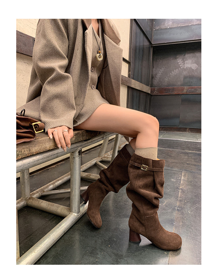 Karin Luna In Stock In Stock Mango Head Large Tube Belt Buckle Chunky Heel Long Boots