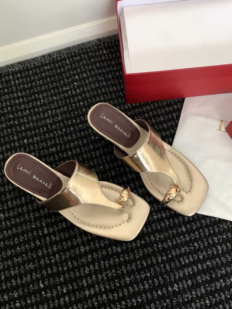 Karin Luna In Stock Spot Goods Clip-toe Square Toe Metal Buckle Minimalist Slippers