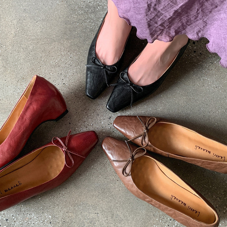 Karin Luna Full Layer Inside and Out~Basic Versatile Small Square Toe Butterfly Knot Irregular Heel Single Shoes