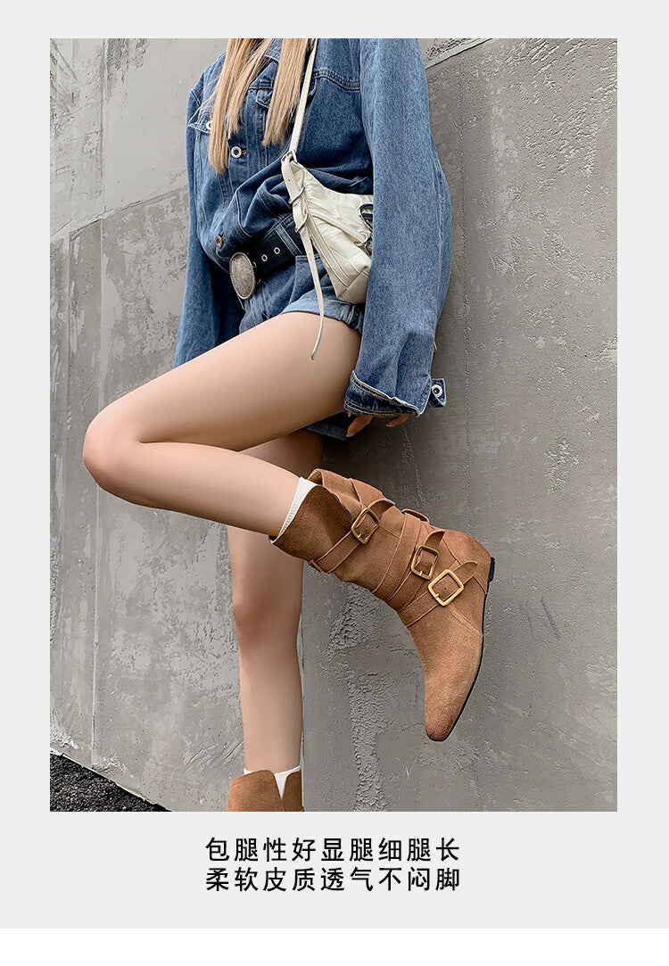 Karin Luna Cow Leather Small Square Toe Belt Buckle Fashion Boots