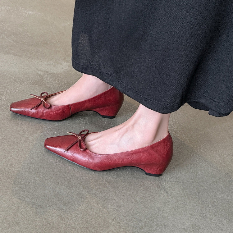 Karin Luna Full Layer Inside and Out~Basic Versatile Small Square Toe Butterfly Knot Irregular Heel Single Shoes