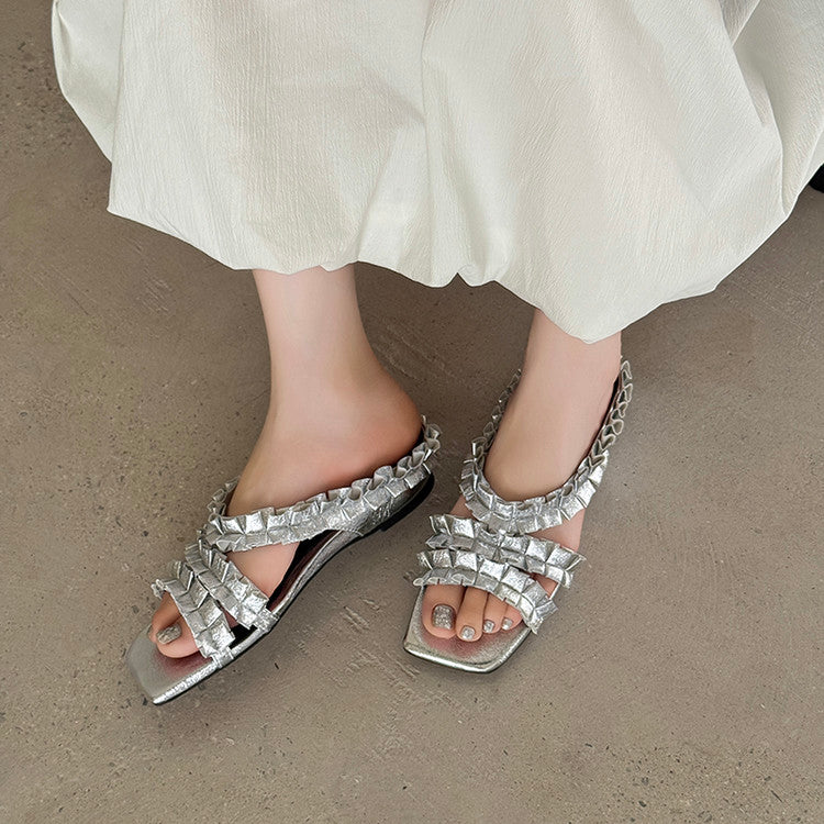 Karin Luna In Stock   Spot Goods  Niche Design Square-Toed Pleated Flat Slippers