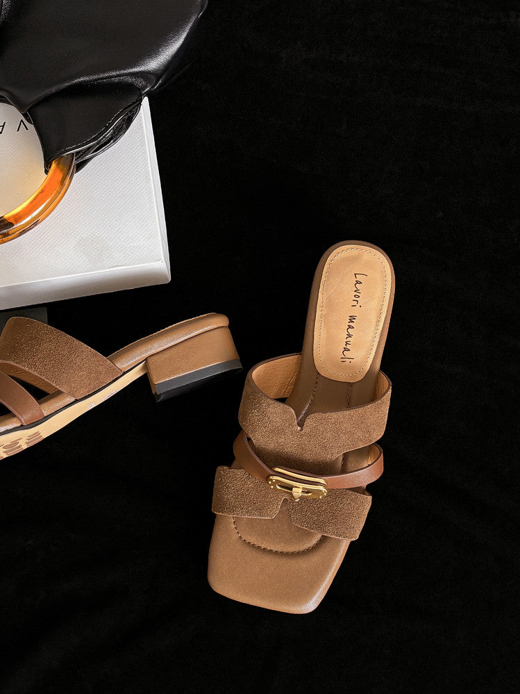 Karin Luna Comfortable Gold Buckle Square Toe Chunky Heel Casual Style Slippers