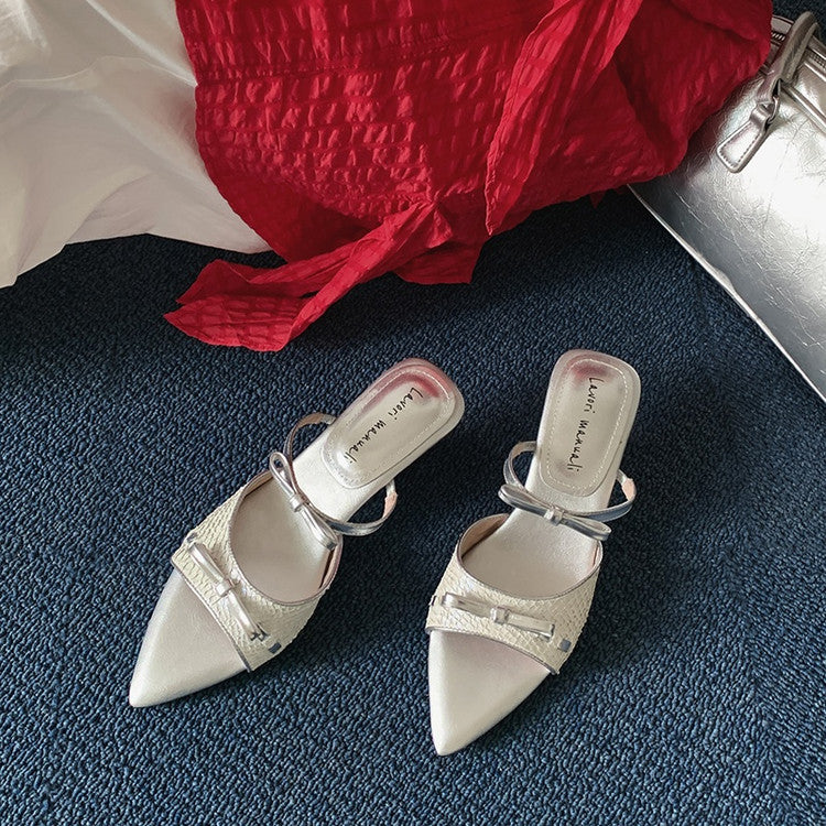 Karin Luna Fish Skin Series~Pointed Toe Irregular Heel Bowknot Strap Slippers