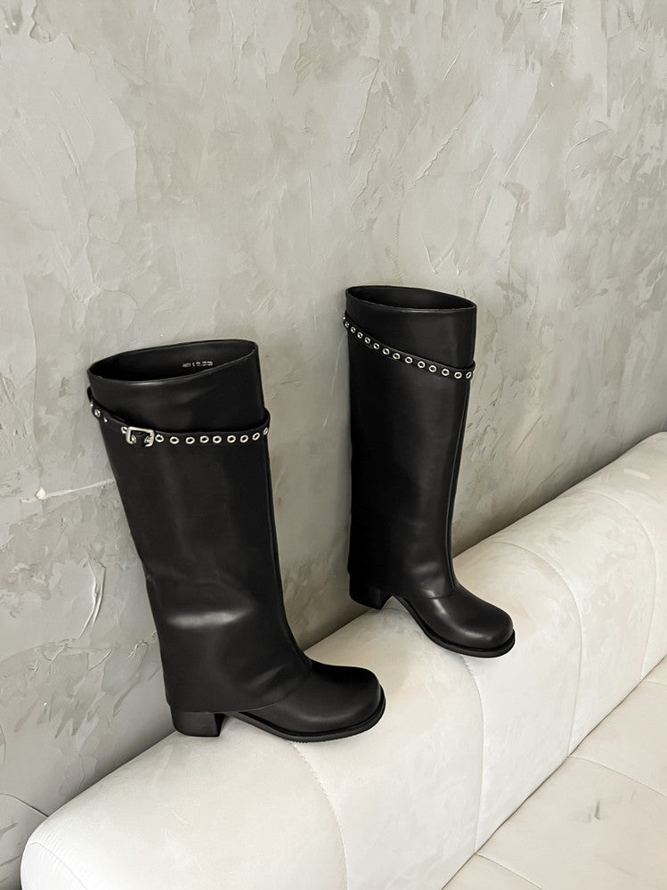 Karin Luna In Stock Spot Goods Belt Buckle Color-Washed Casual Thick-Soled Bootcut Pants Boots