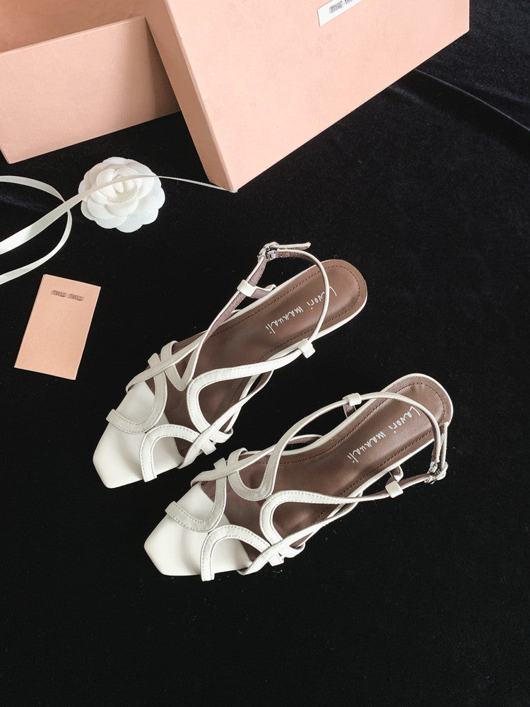 Karin Luna French Hollow Style Small Square Toe Chunky Heel Sandals