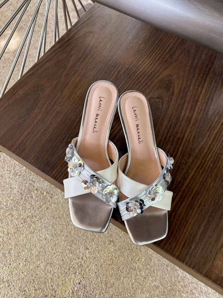 Karin Luna In Stock Spot Goods  Sequin Floral Cross Strap Square Toe Stiletto Slippers