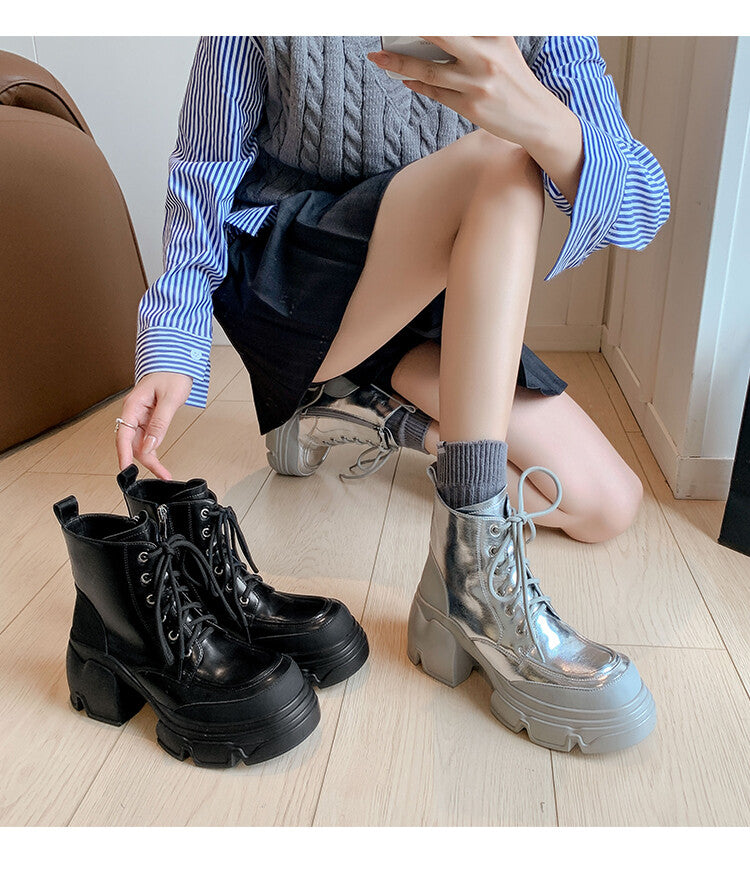 Karin Luna Casual Thick Sole Full Cowhide Lace-up Thick-soled Short Boots   Classic All-Matching