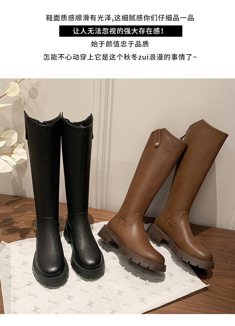 Karin Luna Hot-Selling In Stock   Basic Casual Hot-Selling Round-Toe Long Boots Full Cowhide Leather Long Boots Flat Bottom Hot Sale
