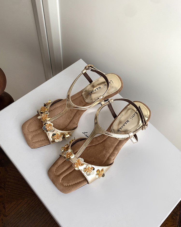 Karin Luna Hot-Selling Sequin Floral Series ~  Square Toe Irregular Heel Square Toe Sandals