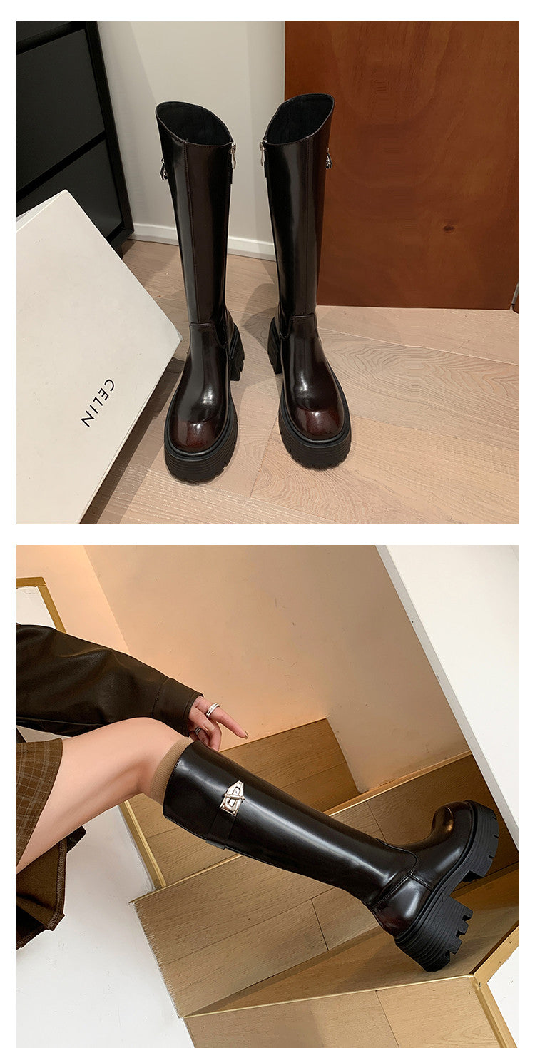 Karin Luna In Stock In Stock  Round Toe Thick Sole Belt Buckle Side Zipper Knight Boots
