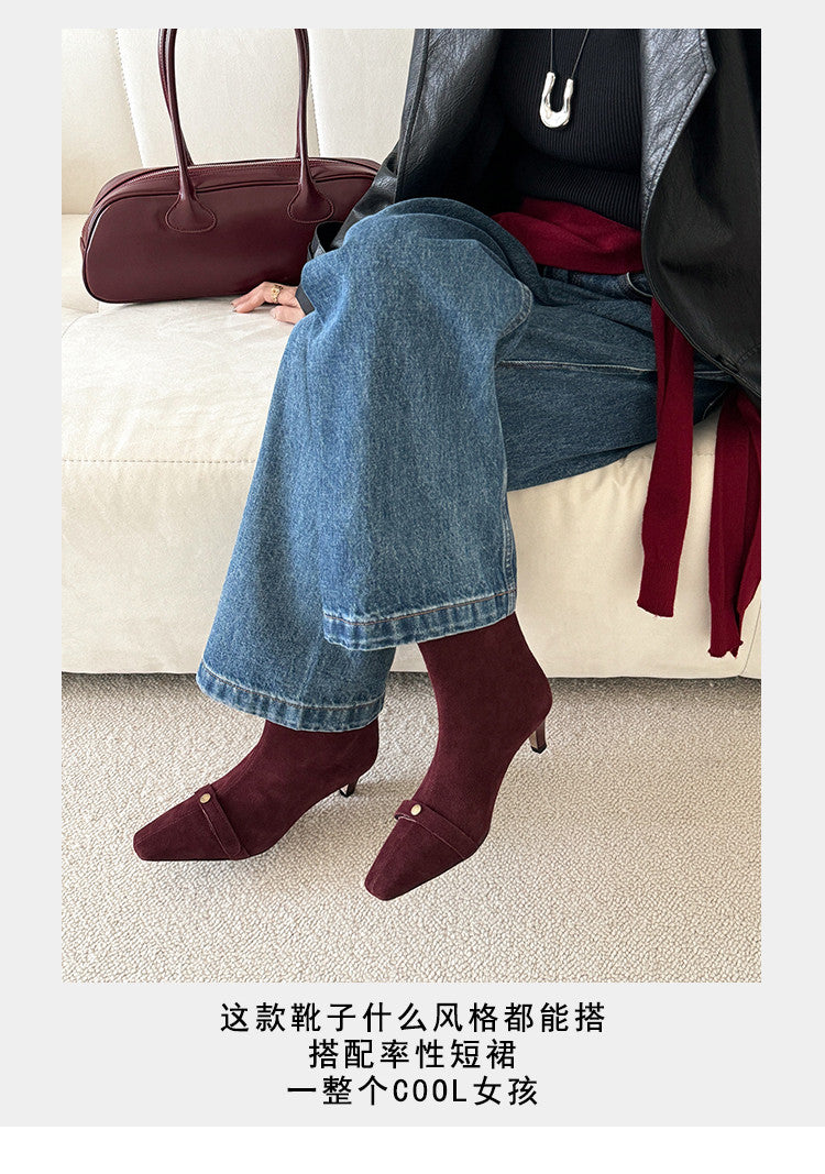 Karin Luna Elegant Style Small Square Toe Belt Buckle Thin Heel Short Boots