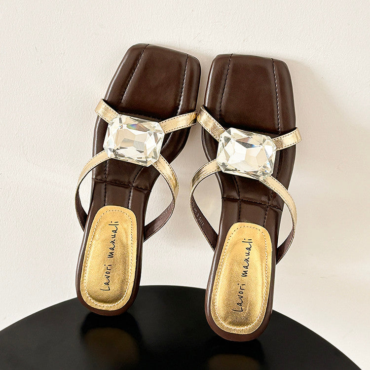 Karin Luna In Stock Spot Goods Rhinestone Square Toe Irregular Heel Slippers