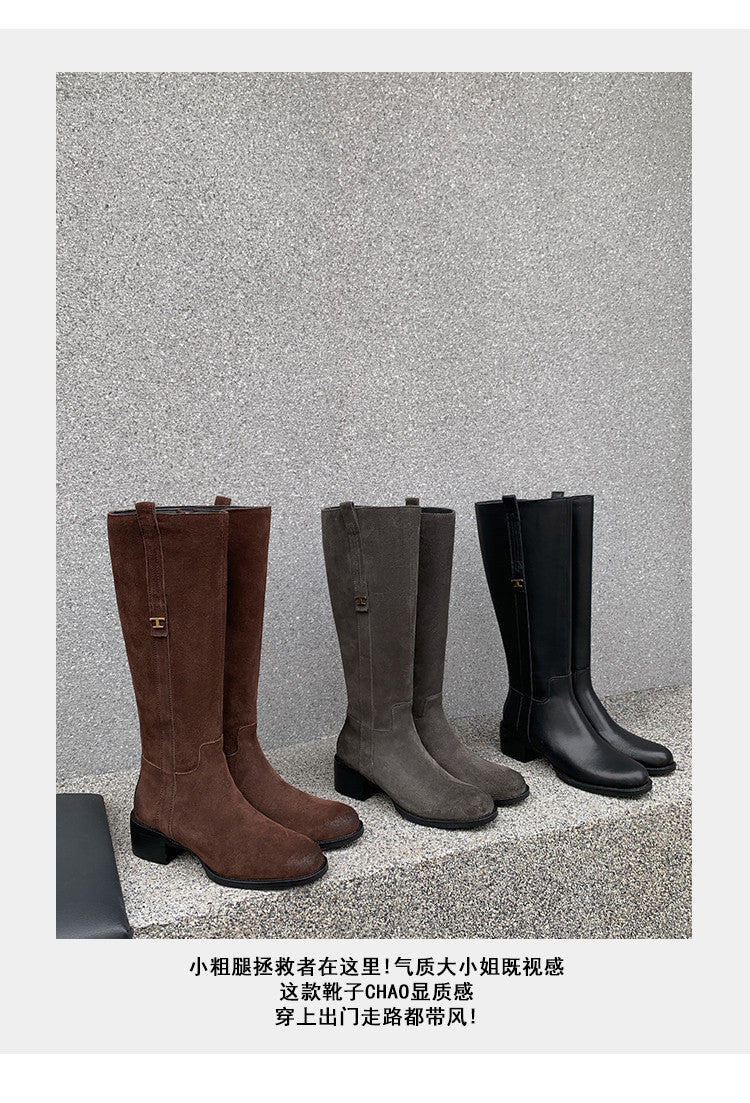 Karin Luna In Stock Spot Goods Basic Retro Square Toe Chunky Heel Riding Boots