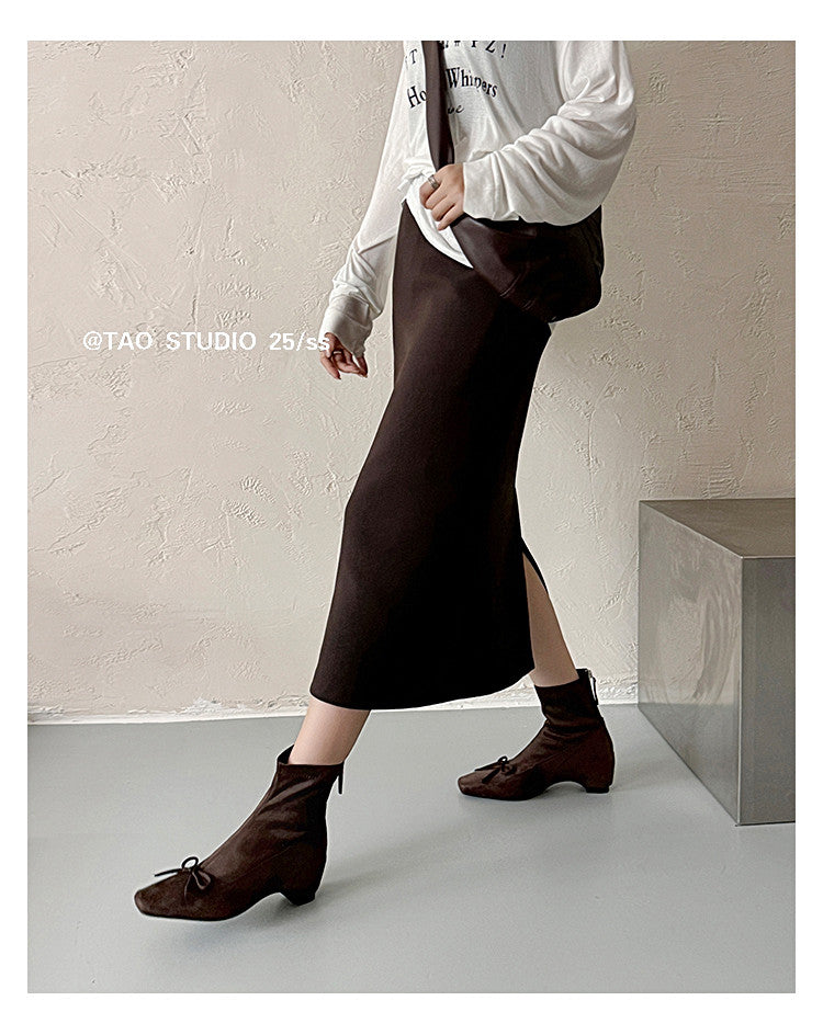 Karin Luna French Style Square Toe Bowknot Hidden Wedge Slim Boots