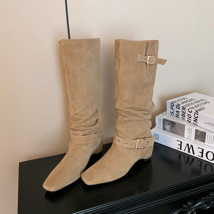 Karin Luna Data Model Belt Buckle Matte Square Toe Hidden Wedge Slouch Western Boots
