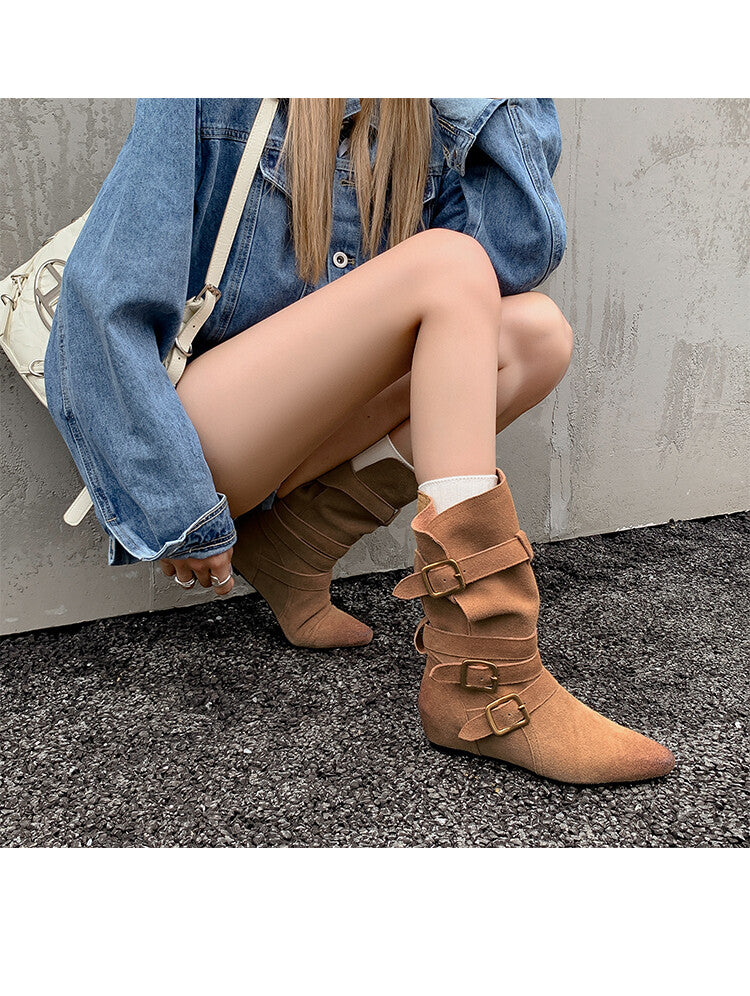 Karin Luna Cow Leather Small Square Toe Belt Buckle Fashion Boots