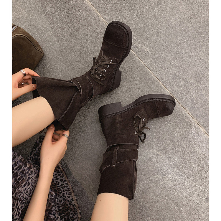 Karin Luna Bestseller Hot-Selling Large Tube Leather Belt Buckle Round Toe Thick-Soled Short Boots