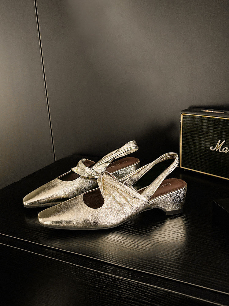 Karin Luna In Stock  Spot Goods Small Square Toe Wrinkled Chunky Heel Closed-Toe Sandals