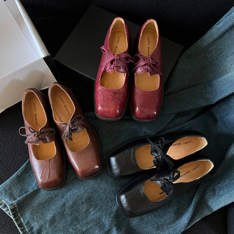 Karin Luna In Stock Spot Goods   Full leather inside and out Vegetable Tanned Hand-Grabbed Sheepskin Square-Toed Chunky Heel Single Shoes