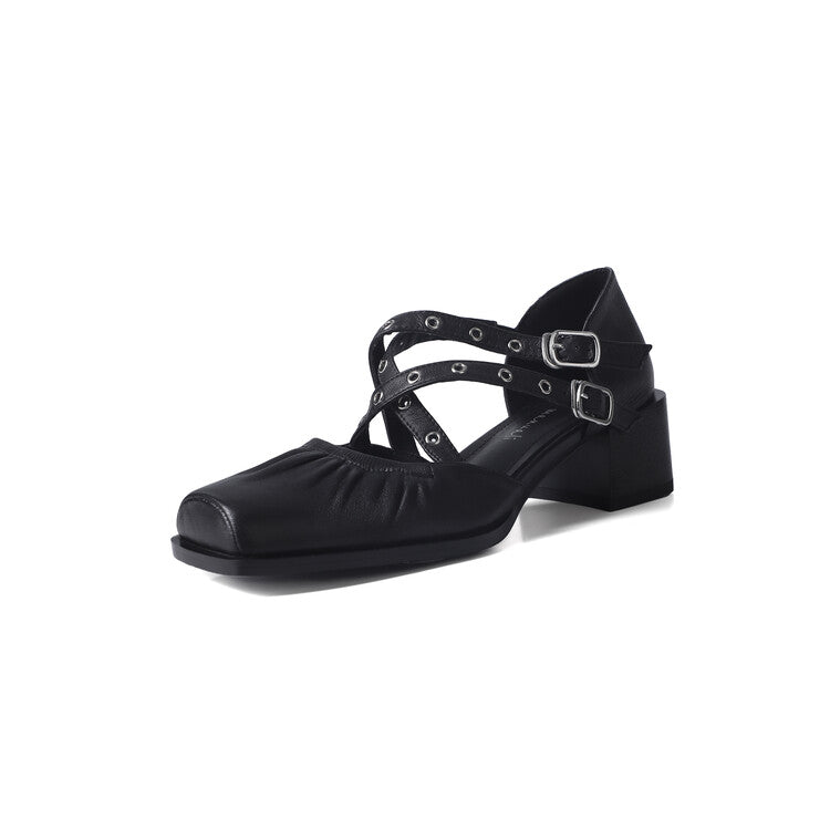 Karin Luna In Stock Spot Goods First Layer Sheepskin Cross Strap Rivet Square Toe Mary Jane Sandals