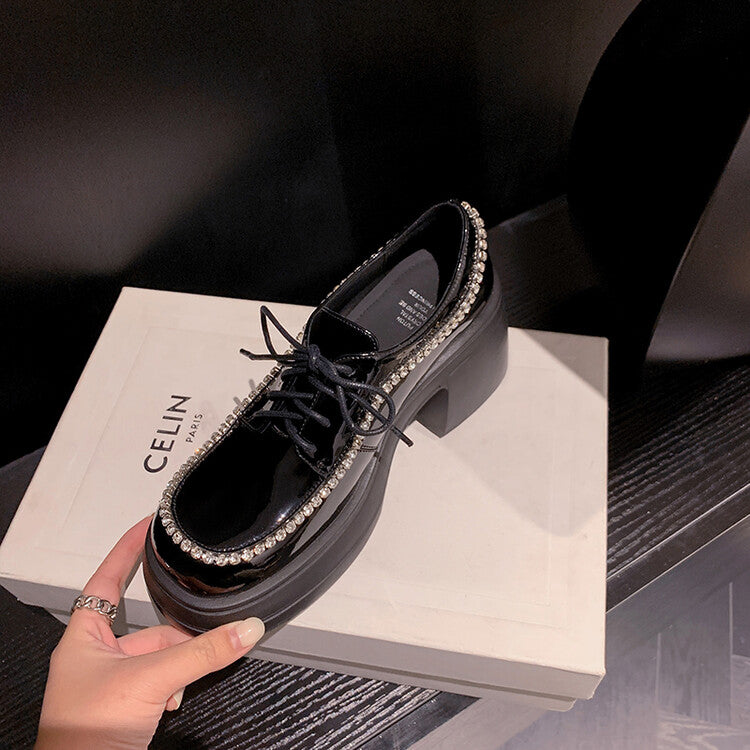 Karin Luna In Stock In Stock  Rhinestone Shoe Edge Trim Lace-up Thick Sole Loafers Best-selling in stock