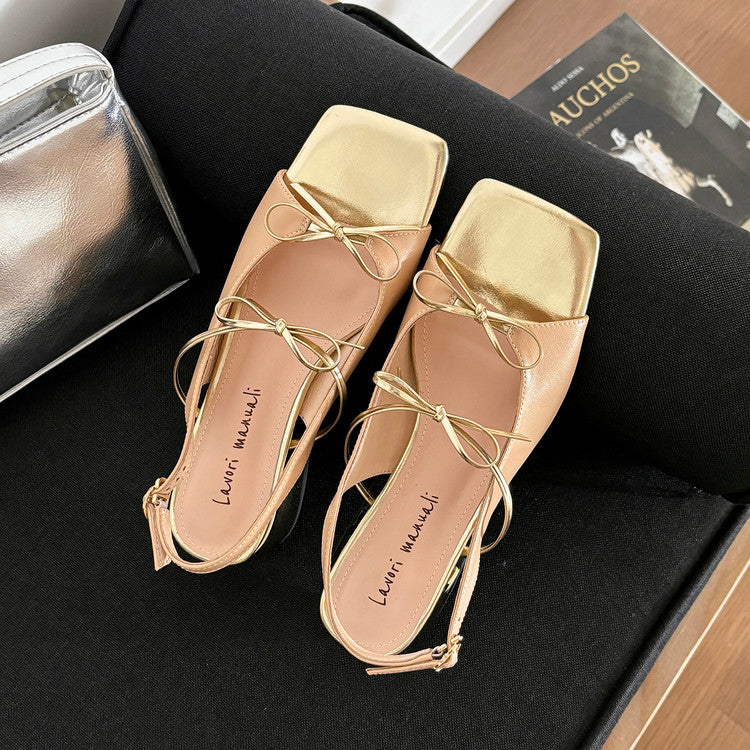 Karin Luna In Stock Spot Goods Square Toe Double Bow Thick Heel Sandals