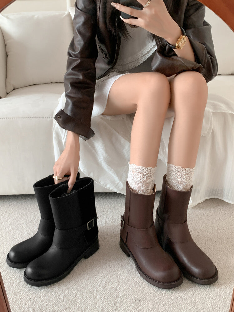 Karin Luna Belt Buckle Chunky Heel Fashion Short Boots