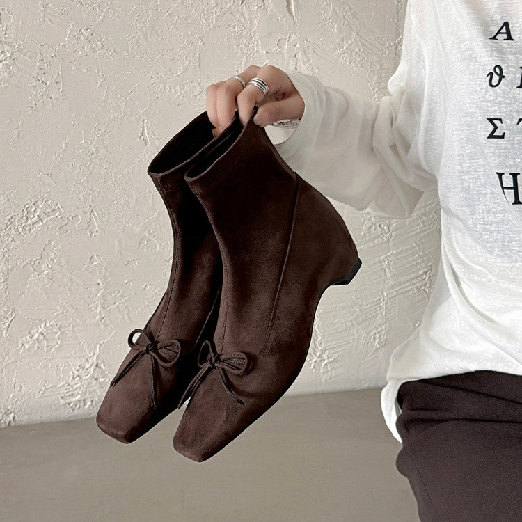Karin Luna French Style Square Toe Bowknot Hidden Wedge Slim Boots