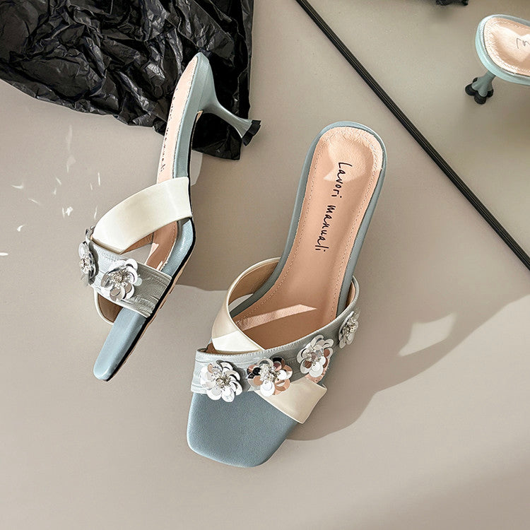 Karin Luna In Stock Spot Goods  Sequin Floral Cross Strap Square Toe Stiletto Slippers