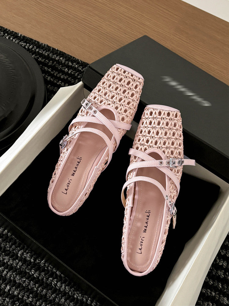 Karin Luna In Stock Spot Goods  Hot-Selling Square-Toe Woven Pig Nose Closed-Toe Slippers