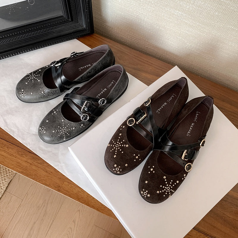 Karin Luna In Stock Spot Goods Studded Rivet Hidden Wedge Mary Jane Shoes