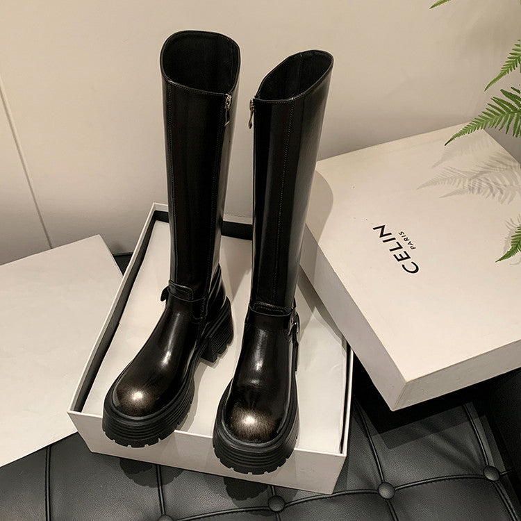 Karin Luna In Stock Spot Goods Round Toe Thick Sole Belt Buckle Straight Long Boots