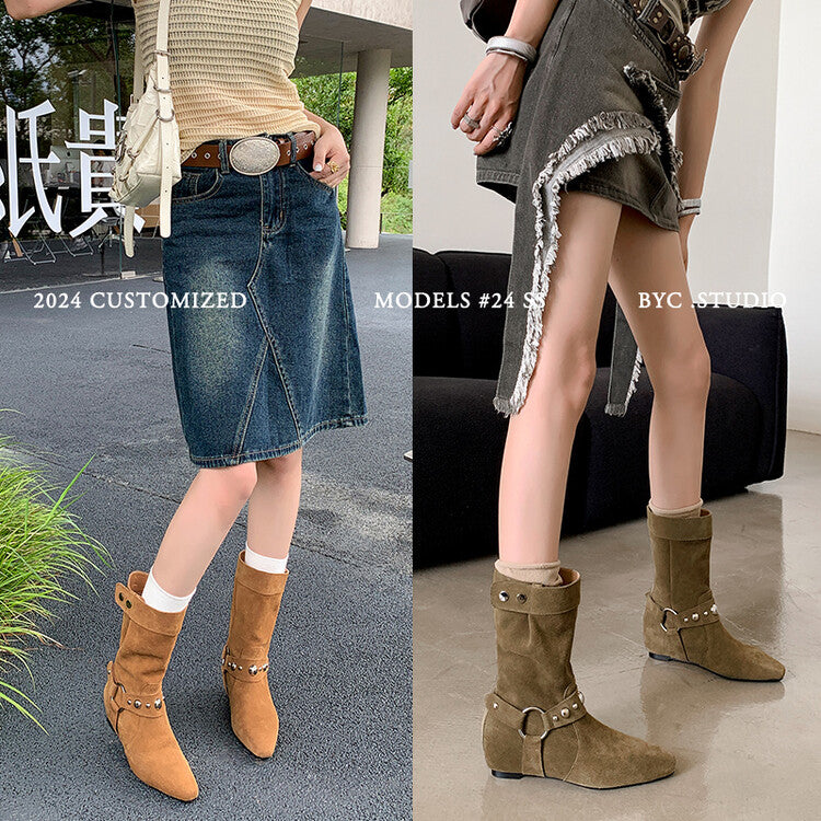 Karin Luna has prepared stock  Hot-Selling Retro Pointed Toe Wedge Metal Buckle High Tube Western Boots