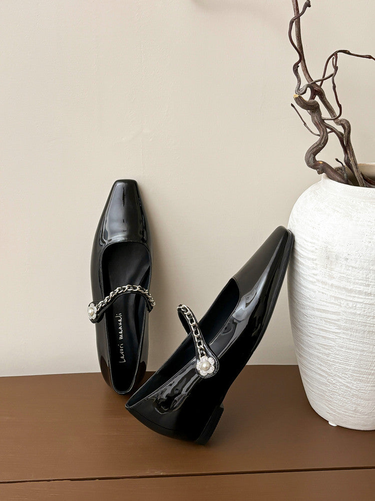 Karin Luna In Stock In Stock ~Metal One-Strap Pearl Small Square Toe Height-Increasing Flats