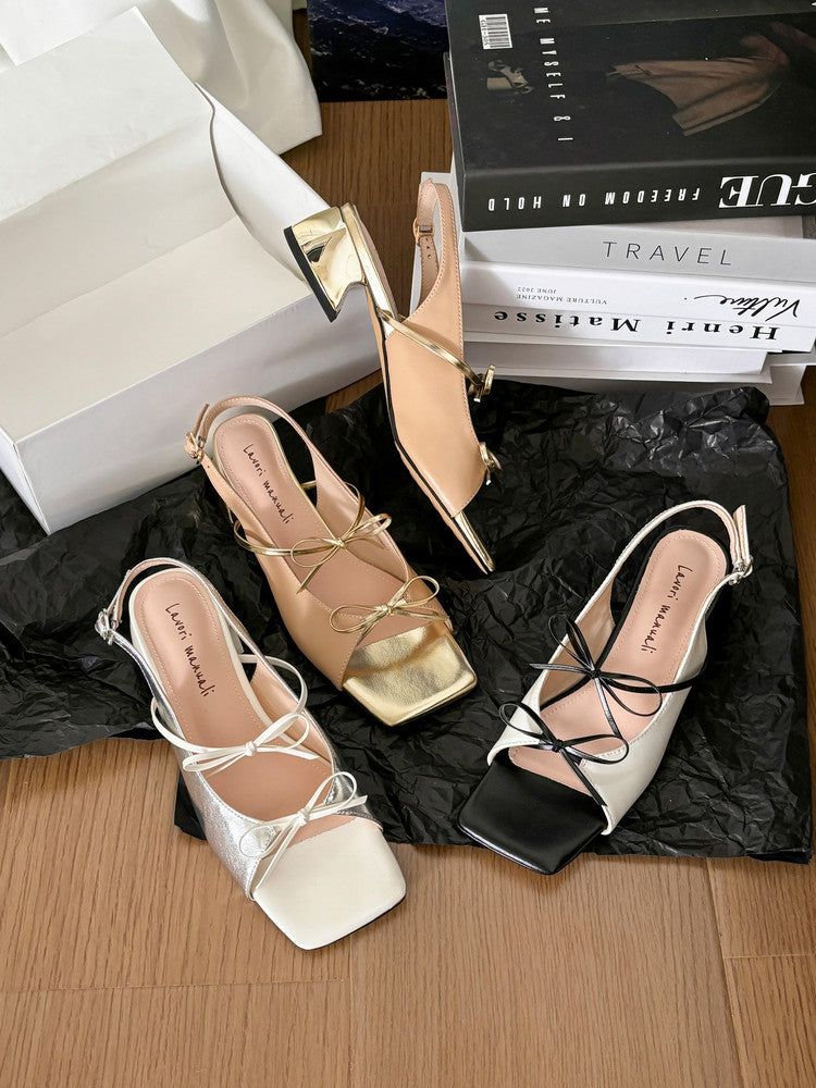 Karin Luna In Stock Spot Goods Square Toe Double Bow Thick Heel Sandals