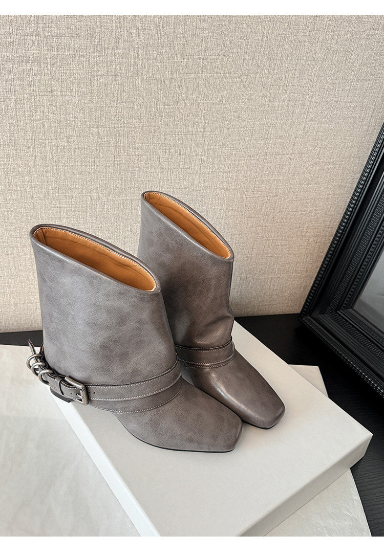 Karin Luna Data Hot Item Square Toe Hidden Wedge Belt Buckle Suede Ankle Boots