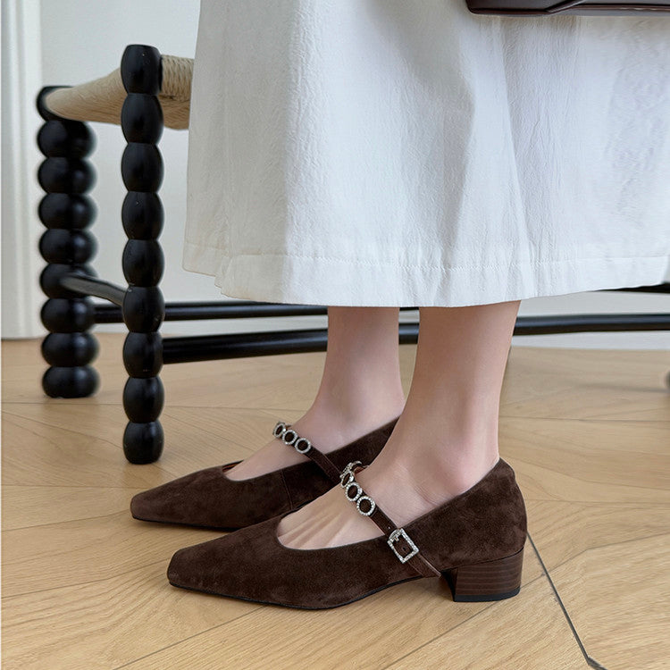 Karin Luna In Stock Spot Goods  Vintage Full Leather Square Toe Rhinestone Strap Shallow Mouth Single Shoes