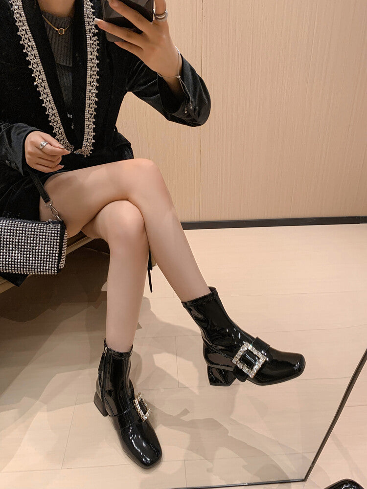Karin Luna French Retro Square Buckle Rhinestone Chunky Heel Short Boots