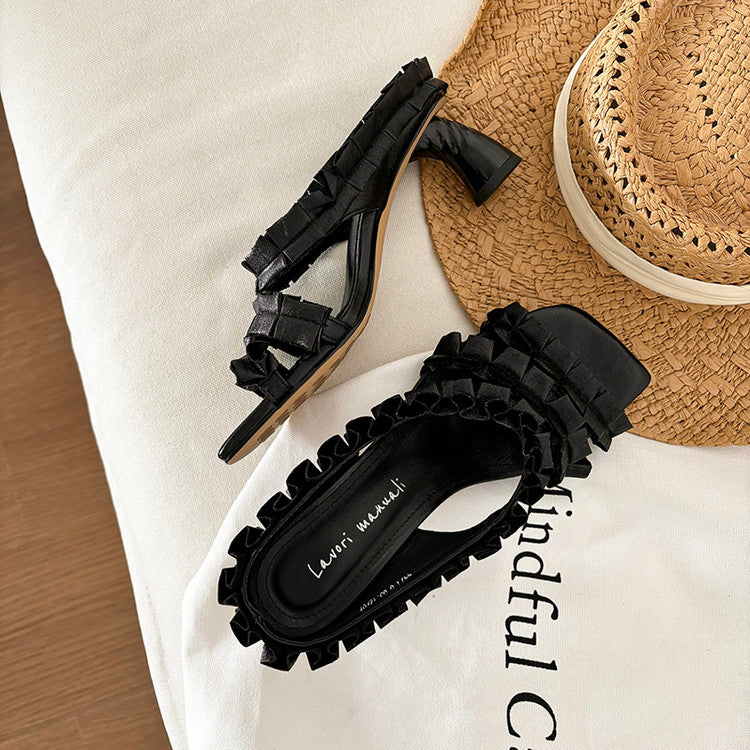Karin Luna In Stock  Spot Goods  Unique Square-Toe Pleated Lace Sandals