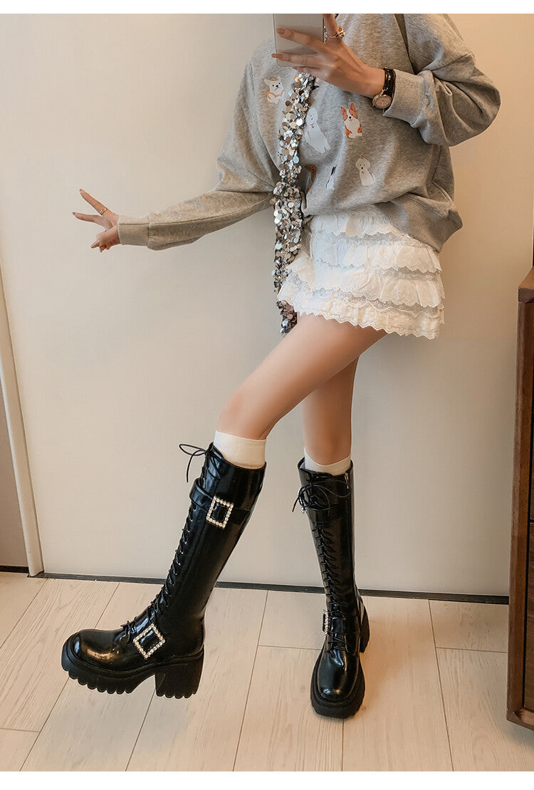 Karin Luna In Stock Spot Goods Bestselling Extended Version Rhinestone Square Buckle Thick Sole Lace-up Thick Sole Full Cowhide Knight Boots