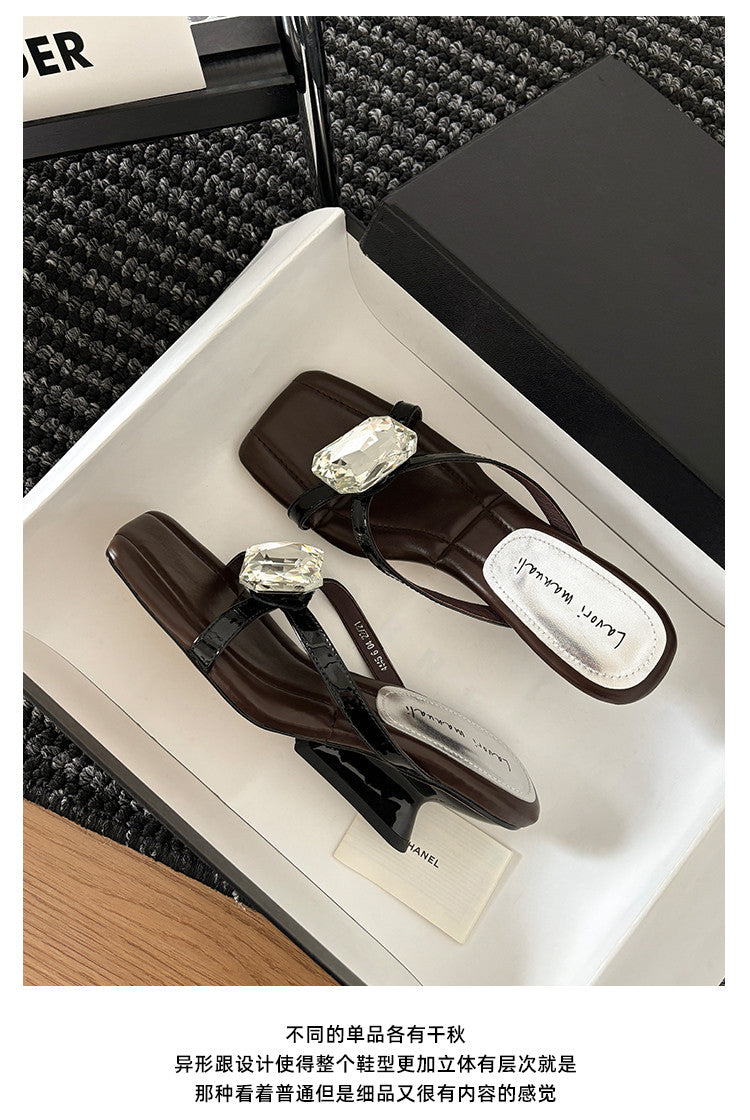 Karin Luna In Stock Spot Goods Rhinestone Square Toe Irregular Heel Slippers