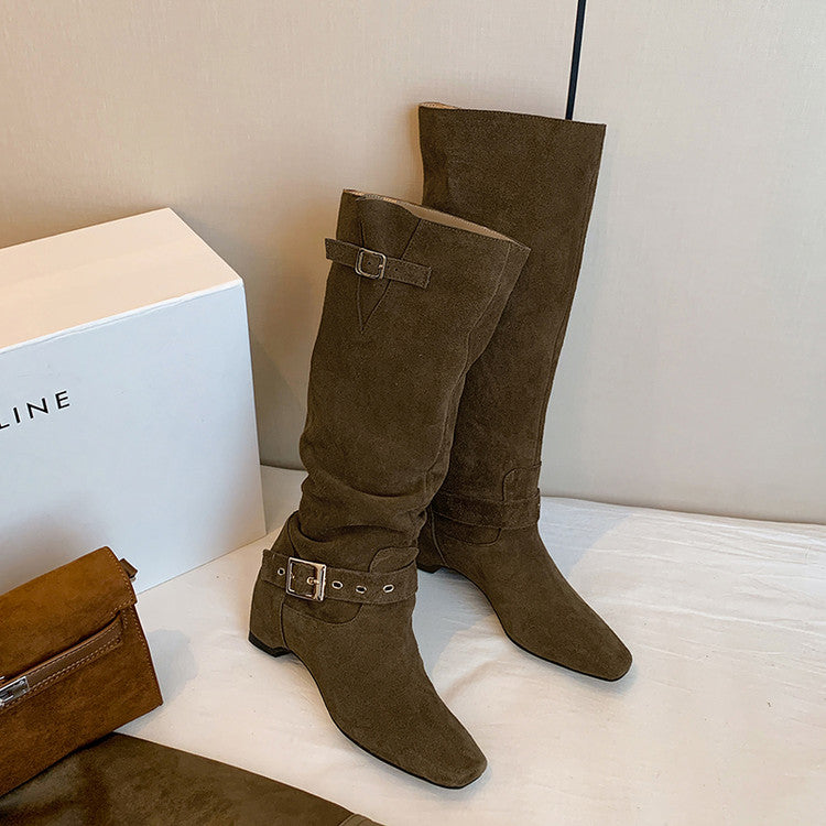 Karin Luna Data Model Belt Buckle Matte Square Toe Hidden Wedge Slouch Western Boots